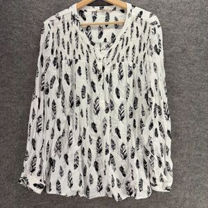 My Danielle Shirt Women 2XL White Feather Print Button Up V-Neck Long Sleeve